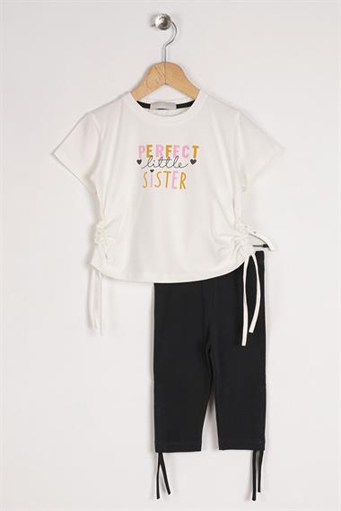 Bisiklet Yaka Kısa Kol Perfect Sister Baskılı Ekru Renk Kız Çocuk Taytlı Takım
