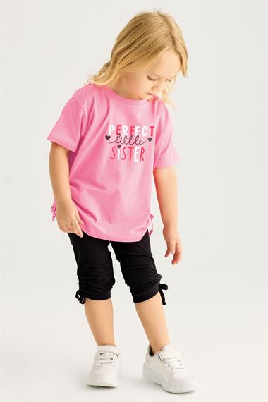 Bisiklet Yaka Kısa Kol Perfect Sister Baskılı Pembe Renk Kız Çocuk Taytlı Takım