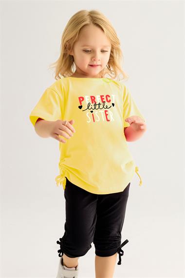 Bisiklet Yaka Kısa Kol Perfect Sister Baskılı Sarı Renk Kız Çocuk Taytlı Takım