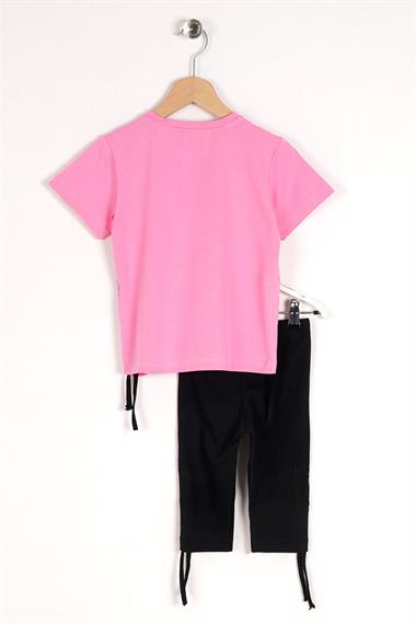 Bisiklet Yaka Kısa Kol Perfect Sister Baskılı Pembe Renk Kız Çocuk Taytlı Takım