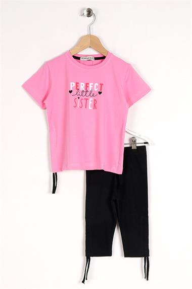 Bisiklet Yaka Kısa Kol Perfect Sister Baskılı Pembe Renk Kız Çocuk Taytlı Takım
