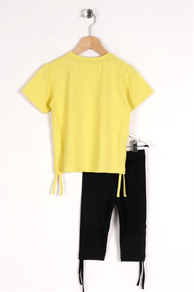 Bisiklet Yaka Kısa Kol Perfect Sister Baskılı Sarı Renk Kız Çocuk Taytlı Takım