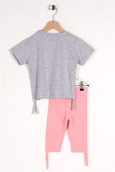 Bisiklet Yaka Kısa Kol Perfect Sister Baskılı Gri Renk Kız Çocuk Taytlı Takım
