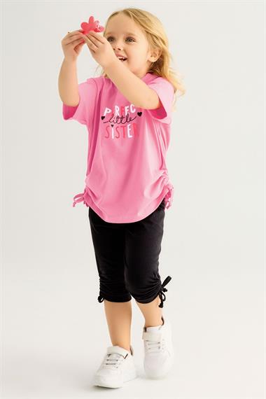 Bisiklet Yaka Kısa Kol Perfect Sister Baskılı Pembe Renk Kız Çocuk Taytlı Takım