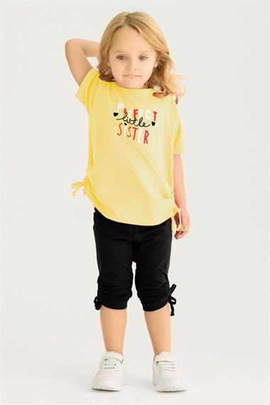Bisiklet Yaka Kısa Kol Perfect Sister Baskılı Sarı Renk Kız Çocuk Taytlı Takım