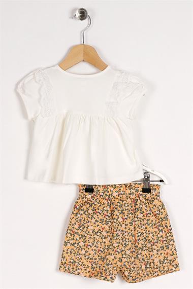 Bisiklet Yaka Kısa Kol Dantelli Hardal Renk Kız Çocuk Şortlu Takım