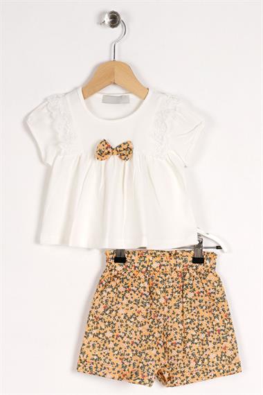 Bisiklet Yaka Kısa Kol Dantelli Hardal Renk Kız Çocuk Şortlu Takım