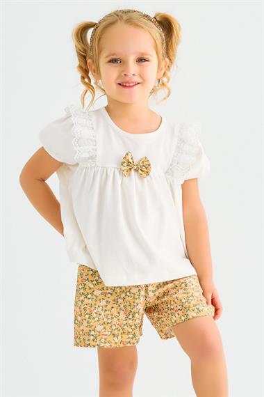 Bisiklet Yaka Kısa Kol Dantelli Hardal Renk Kız Çocuk Şortlu Takım