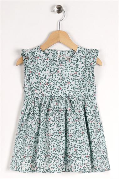 Sıfır Kol Çiçek Desenli Fermuarlı Mint Renk Kız Çocuk Elbise