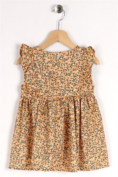 Sıfır Kol Çiçek Desenli Fermuarlı Sarı Renk Kız Çocuk Elbise