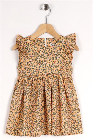 Sıfır Kol Çiçek Desenli Fermuarlı Sarı Renk Kız Çocuk Elbise