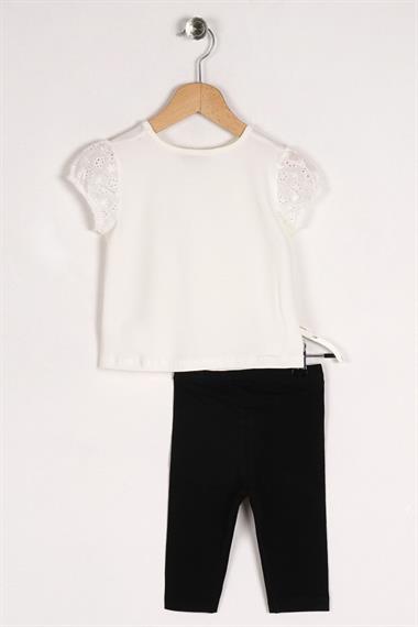 Bisiklet Yaka Kısa Kol Kedi Baskılı Kolları Lastikli Ekru Renk Kız Çocuk Taytlı Takım