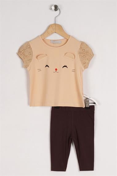 Bisiklet Yaka Kısa Kol Kedi Baskılı Kolları Lastikli Bej Renk Kız Çocuk Taytlı Takım