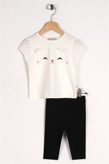 Bisiklet Yaka Kısa Kol Kedi Baskılı Kolları Lastikli Ekru Renk Kız Çocuk Taytlı Takım