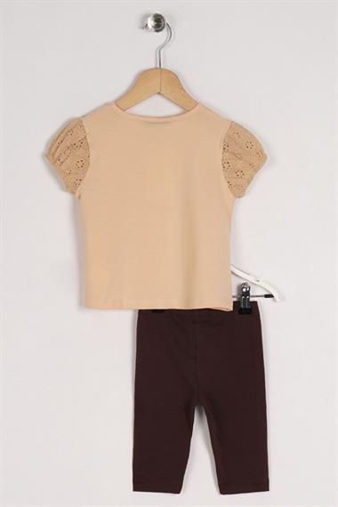 Bisiklet Yaka Kısa Kol Kedi Baskılı Kolları Lastikli Bej Renk Kız Çocuk Taytlı Takım
