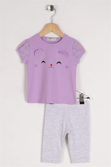 Bisiklet Yaka Kısa Kol Kedi Baskılı Kolları Lastikli Lila Renk Kız Çocuk Taytlı Takım
