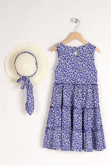 Bisiklet Yaka Sıfır Kol Çiçek Desenli Katlı Şapka Aksesuarlı Saks Renk Kız Çocuk Elbise