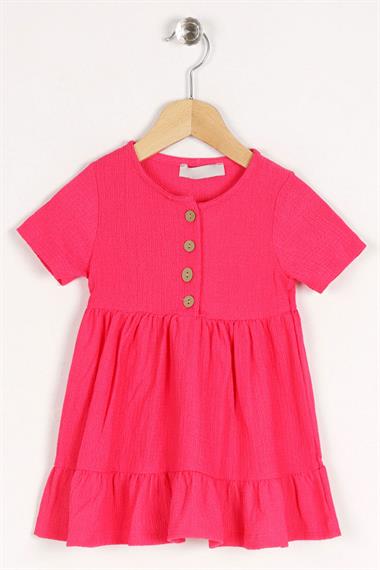 Bisiklet Yaka Kısa Kol Düğme Detaylı Kolları Kısa Fuşya Renk Kız Çocuk Elbise