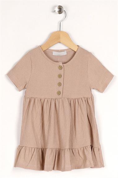 Bisiklet Yaka Kısa Kol Düğme Detaylı Kolları Kısa Taş Renk Kız Çocuk Elbise