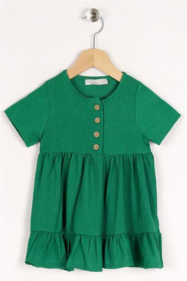 Bisiklet Yaka Kısa Kol Düğme Detaylı Kolları Kısa Koyu Yeşil Renk Kız Çocuk Elbise