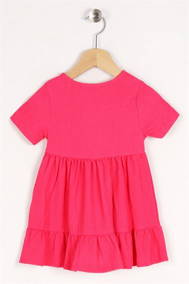 Bisiklet Yaka Kısa Kol Düğme Detaylı Kolları Kısa Fuşya Renk Kız Çocuk Elbise