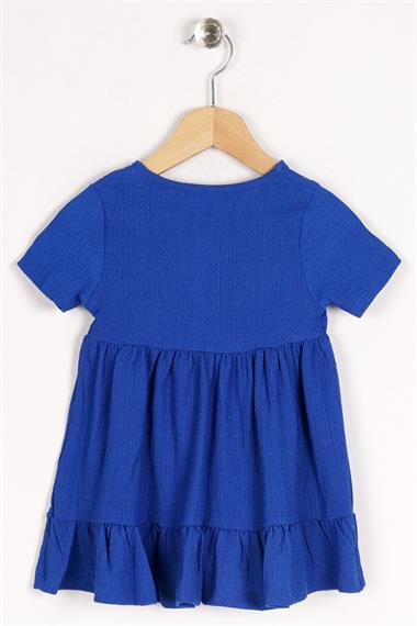 Bisiklet Yaka Kısa Kol Düğme Detaylı Kolları Kısa Saks Renk Kız Çocuk Elbise
