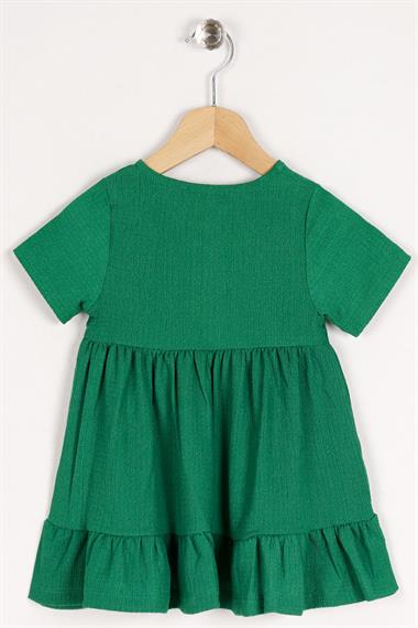 Bisiklet Yaka Kısa Kol Düğme Detaylı Kolları Kısa Koyu Yeşil Renk Kız Çocuk Elbise