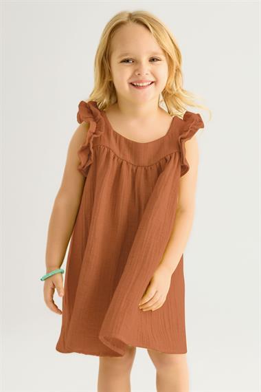 Kare Yaka Kısa Kol Geniş Büzgülü Kahverengi Renk Kız Çocuk Elbise