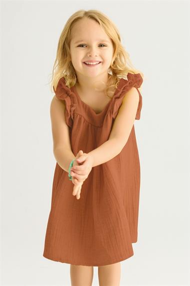 Kare Yaka Kısa Kol Geniş Büzgülü Kahverengi Renk Kız Çocuk Elbise