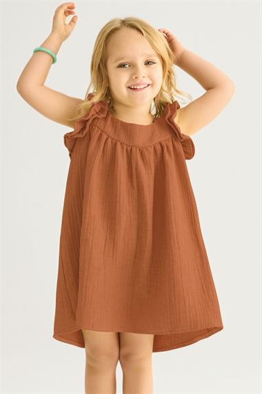 Kare Yaka Kısa Kol Geniş Büzgülü Kahverengi Renk Kız Çocuk Elbise