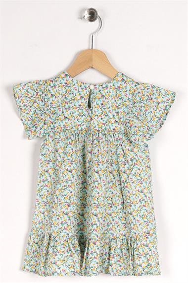 Kare Yaka Fırfır Kol Çiçek Desenli Mint Renk Kız Çocuk Elbise