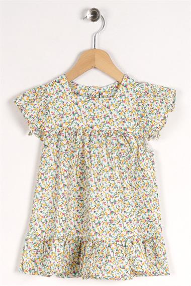 Kare Yaka Fırfır Kol Çiçek Desenli Beyaz Renk Kız Çocuk Elbise