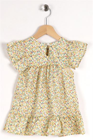 Kare Yaka Fırfır Kol Çiçek Desenli Sarı Renk Kız Çocuk Elbise