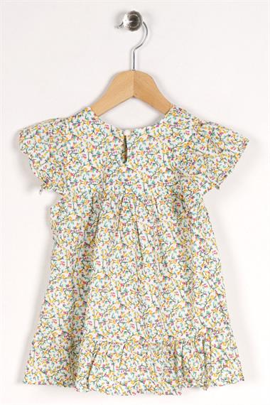 Kare Yaka Fırfır Kol Çiçek Desenli Beyaz Renk Kız Çocuk Elbise