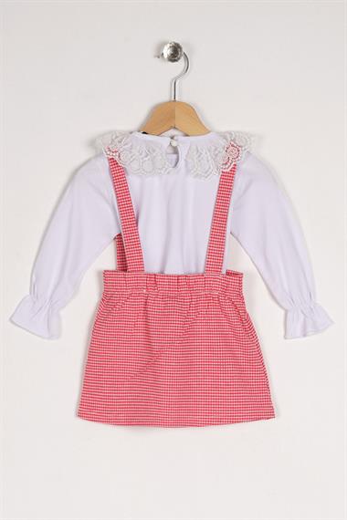 Dantelli Yaka Uzun Kol Beyaz Pembe Renk Kız Çocuk İkili Takım