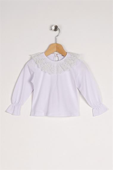 Dantelli Yaka Uzun Kol Beyaz Pembe Renk Kız Çocuk İkili Takım