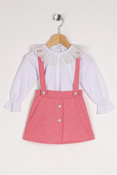 Dantelli Yaka Uzun Kol Beyaz Pembe Renk Kız Çocuk İkili Takım
