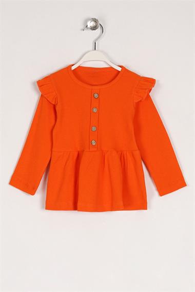 Bisiklet Yaka Uzun Kol Düğme Detaylı Omuz Fırfırlı Oranj Renk Kız Çocuk Elbise