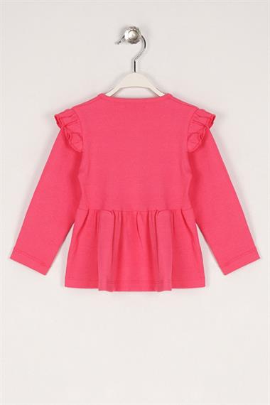 Bisiklet Yaka Uzun Kol Düğme Detaylı Omuz Fırfırlı Şeker Pembe Renk Kız Çocuk Elbise