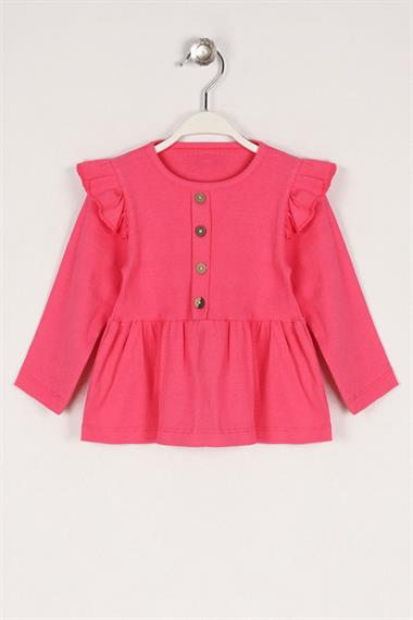 Bisiklet Yaka Uzun Kol Düğme Detaylı Omuz Fırfırlı Şeker Pembe Renk Kız Çocuk Elbise