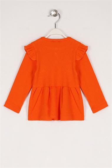 Bisiklet Yaka Uzun Kol Düğme Detaylı Omuz Fırfırlı Oranj Renk Kız Çocuk Elbise