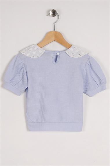 Bebe Yaka Dantelli Mini Kareli Mavi Renk Kız Çocuk Tshirt