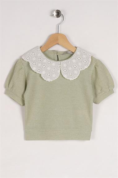 Bebe Yaka Dantelli Mini Kareli Çağla Yeşil Renk Kız Çocuk Tshirt