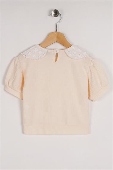 Bebe Yaka Dantelli Mini Kareli Ekru Renk Kız Çocuk Tshirt