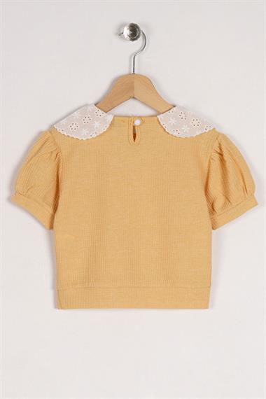 Bebe Yaka Dantelli Mini Kareli Hardal Renk Kız Çocuk Tshirt