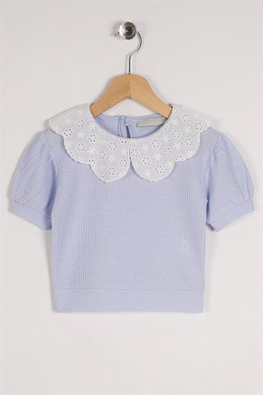 Bebe Yaka Dantelli Mini Kareli Mavi Renk Kız Çocuk Tshirt