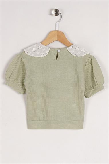 Bebe Yaka Dantelli Mini Kareli Çağla Yeşil Renk Kız Çocuk Tshirt