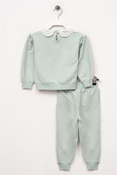 Bebe Yaka Uzun Kol Dantelli Omuz Fırfırlı Mint Renk Kız Çocuk Eşofman Takım