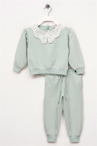 Bebe Yaka Uzun Kol Dantelli Omuz Fırfırlı Mint Renk Kız Çocuk Eşofman Takım