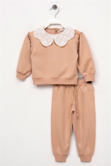 Bebe Yaka Uzun Kol Dantelli Omuz Fırfırlı Bej Renk Kız Çocuk Eşofman Takım